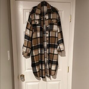 Plaid Women's Jacket - Black, White, and Brown shacket size L